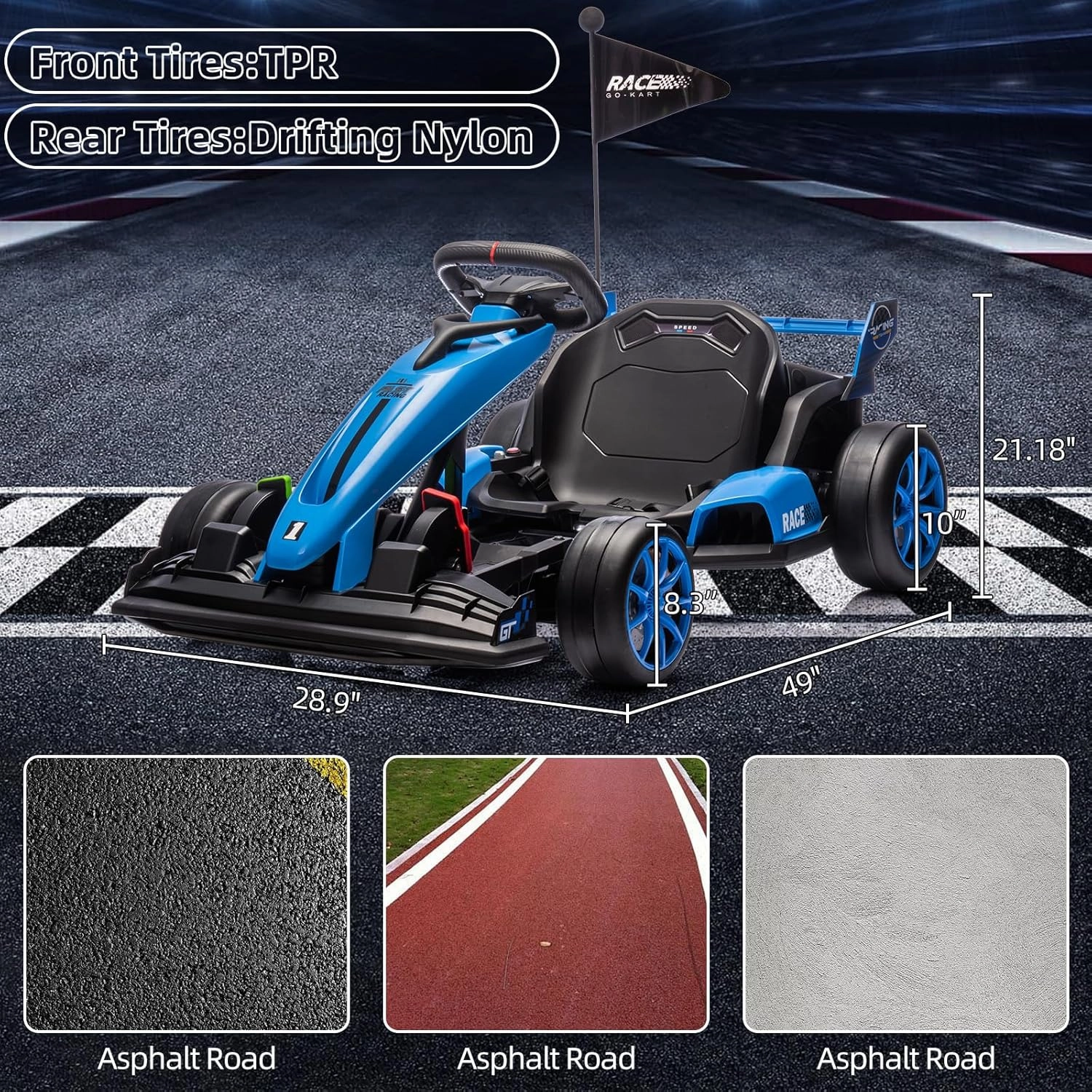Go Kart Electric Ride On Car，24V Ride On Go Kart for Kids，Drift Kart Car with Adjustable Seat,7.5MPH Fast Drifting Circling, Max Load 135lbs,Racing Toy for Kids 6  Years,Blue