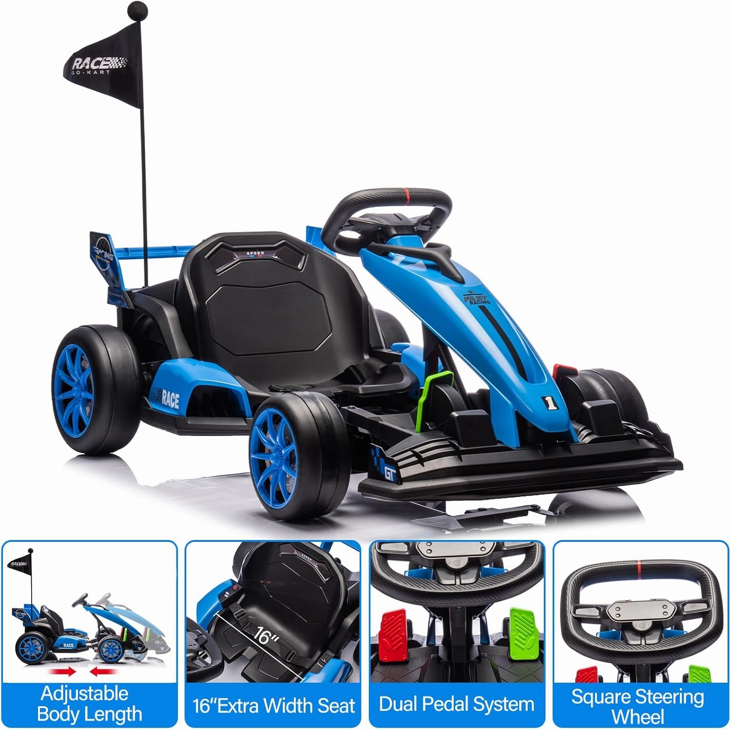 Go Kart Electric Ride On Car，24V Ride On Go Kart for Kids，Drift Kart Car with Adjustable Seat,7.5MPH Fast Drifting Circling, Max Load 135lbs,Racing Toy for Kids 6  Years,Blue