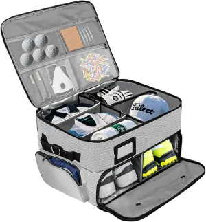 Golf Trunk Organizer, Waterproof Double Partition Golf Trunk Storage for 2 Pair Shoes, Car Golf Locker for Golf Accessories, Balls, Tees, Clothes, Gloves, Golf Gifts (Grey)