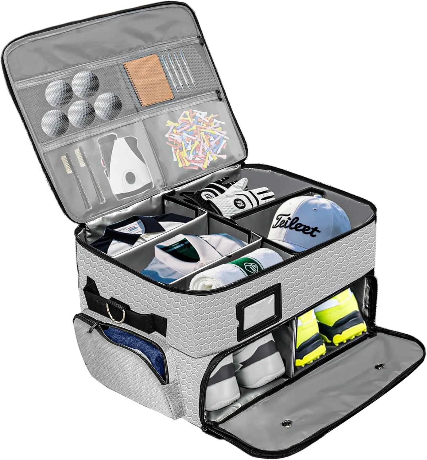 Golf Trunk Organizer, Waterproof Double Partition Golf Trunk Storage for 2 Pair Shoes, Car Golf Locker for Golf Accessories, Balls, Tees, Clothes, Gloves, Golf Gifts (Grey)