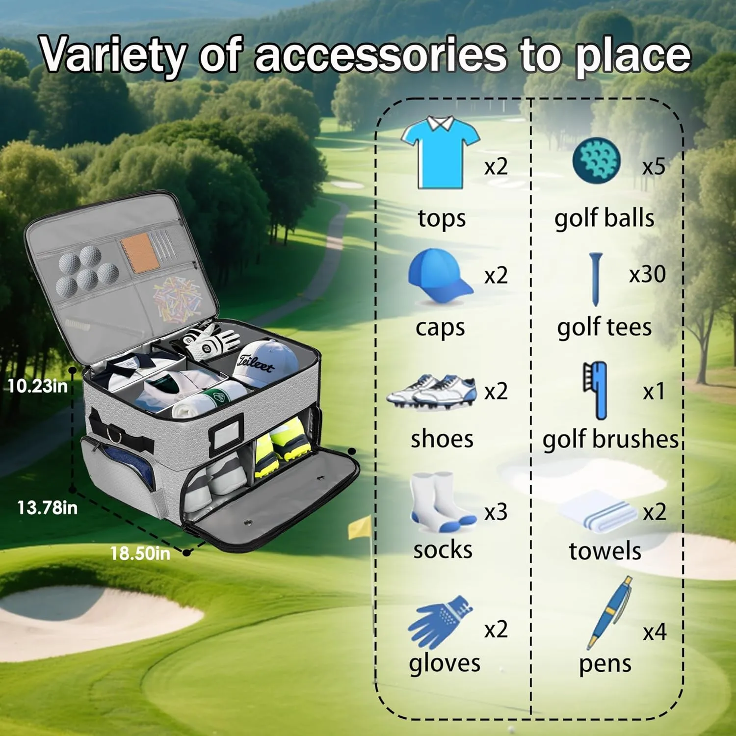Golf Trunk Organizer, Waterproof Double Partition Golf Trunk Storage for 2 Pair Shoes, Car Golf Locker for Golf Accessories, Balls, Tees, Clothes, Gloves, Golf Gifts (Grey)