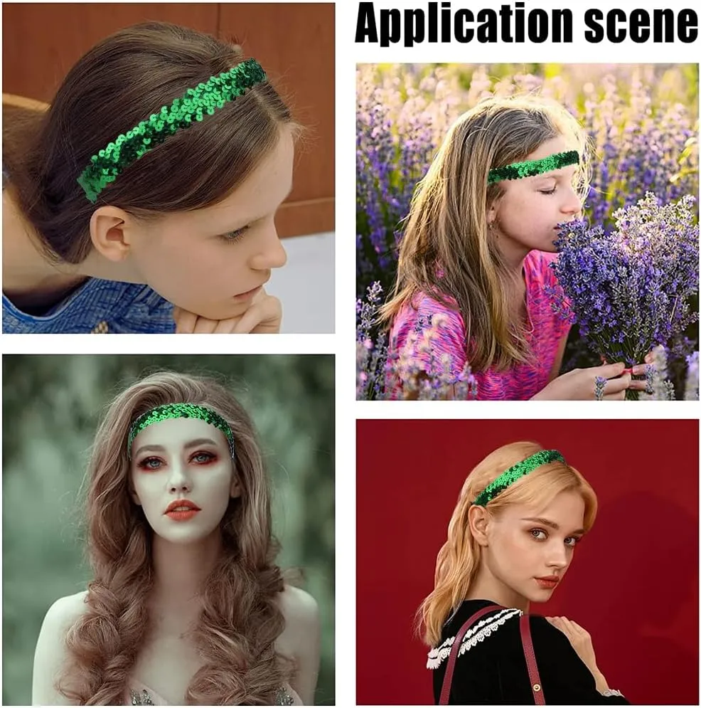 GORGECRAFT 12PCS Sequin Headband Elastic Glow Stretch Sparkle Glitter Fashion Adjustable Hair Band Accessories Set for Women Sports Dance Party Teams Store(Green)