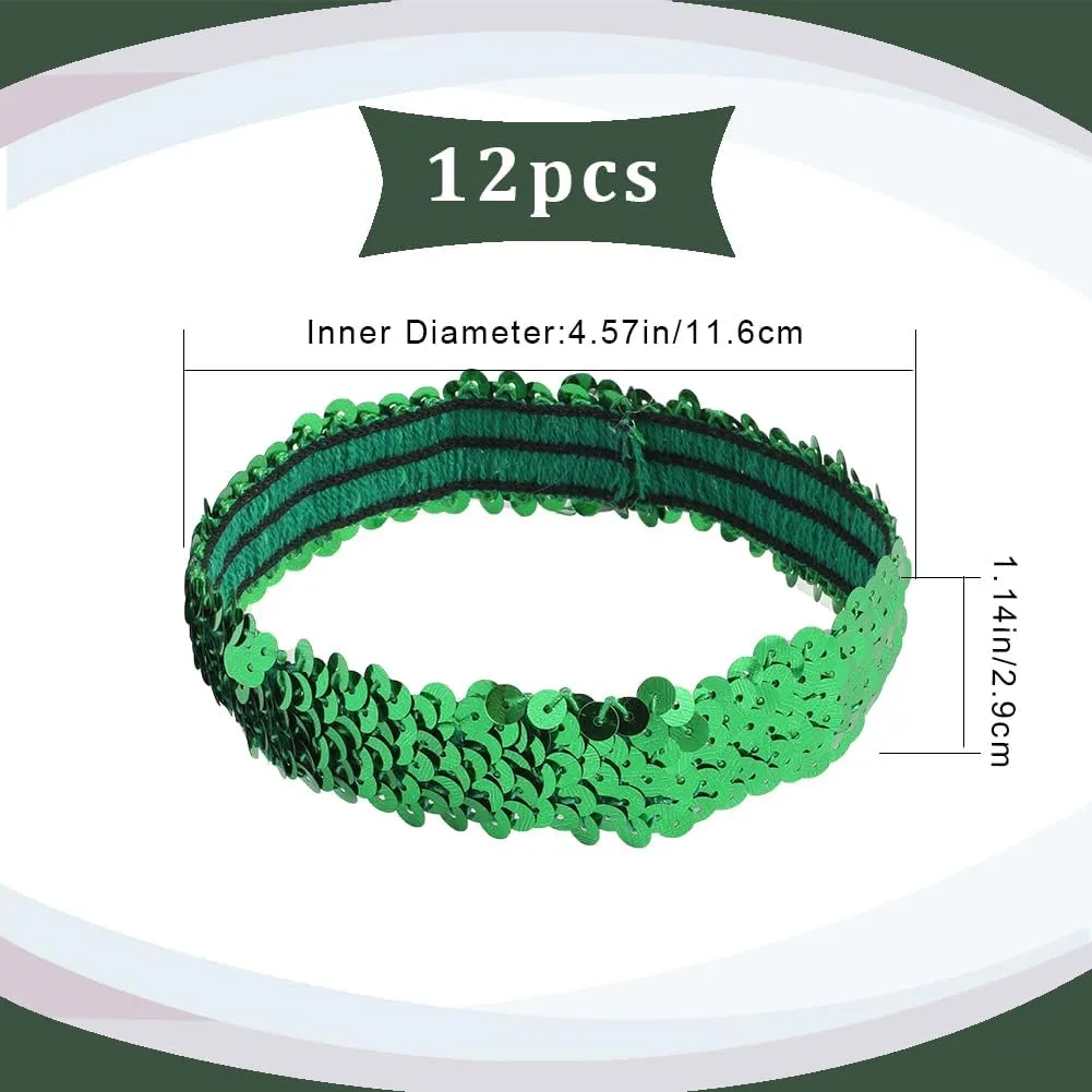 GORGECRAFT 12PCS Sequin Headband Elastic Glow Stretch Sparkle Glitter Fashion Adjustable Hair Band Accessories Set for Women Sports Dance Party Teams Store(Green)