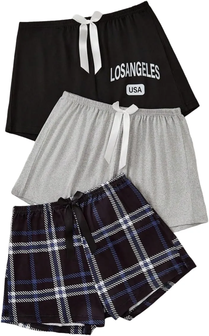 GORGLITTER Women's 3 Pack Plaid Pajama Shorts Soft Letter Sleep Pj Shorts