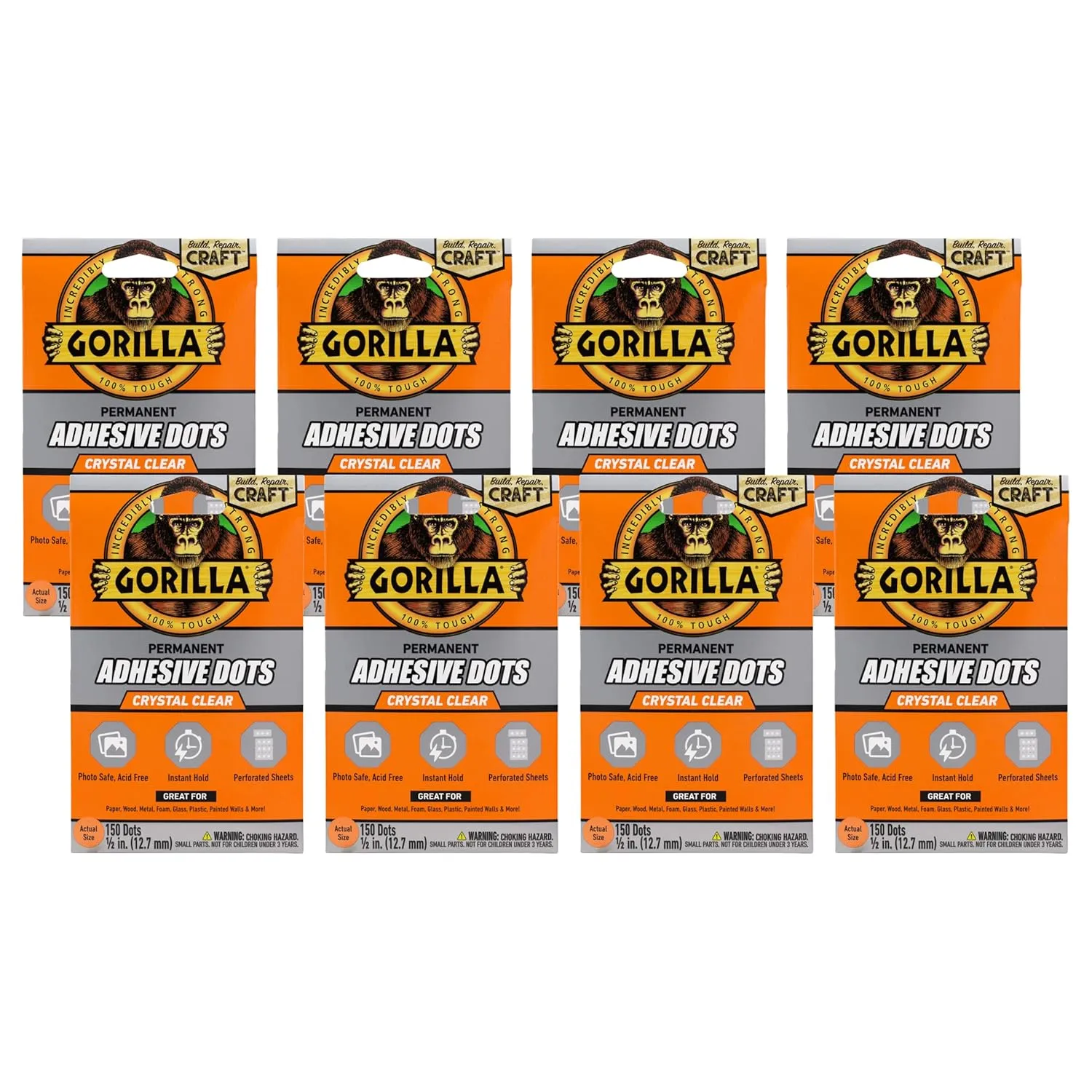 Gorilla Permanent Adhesive Dots, Double-Sided, Clear, 0.5" Diameter, 150 Pieces (Pack of 8) - No Mess, Photo Safe