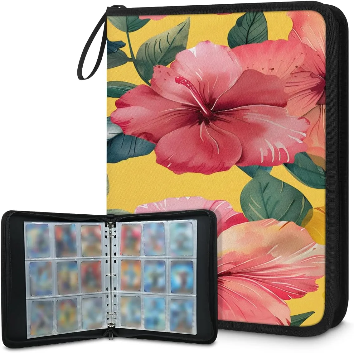 Graceful Flowers 3 Ring Trading Zipper Binder Strap, Trading Card Binder 9 Pocket, 900 Pockets Card Holder with 50 Removable Sleeves for Game Cards