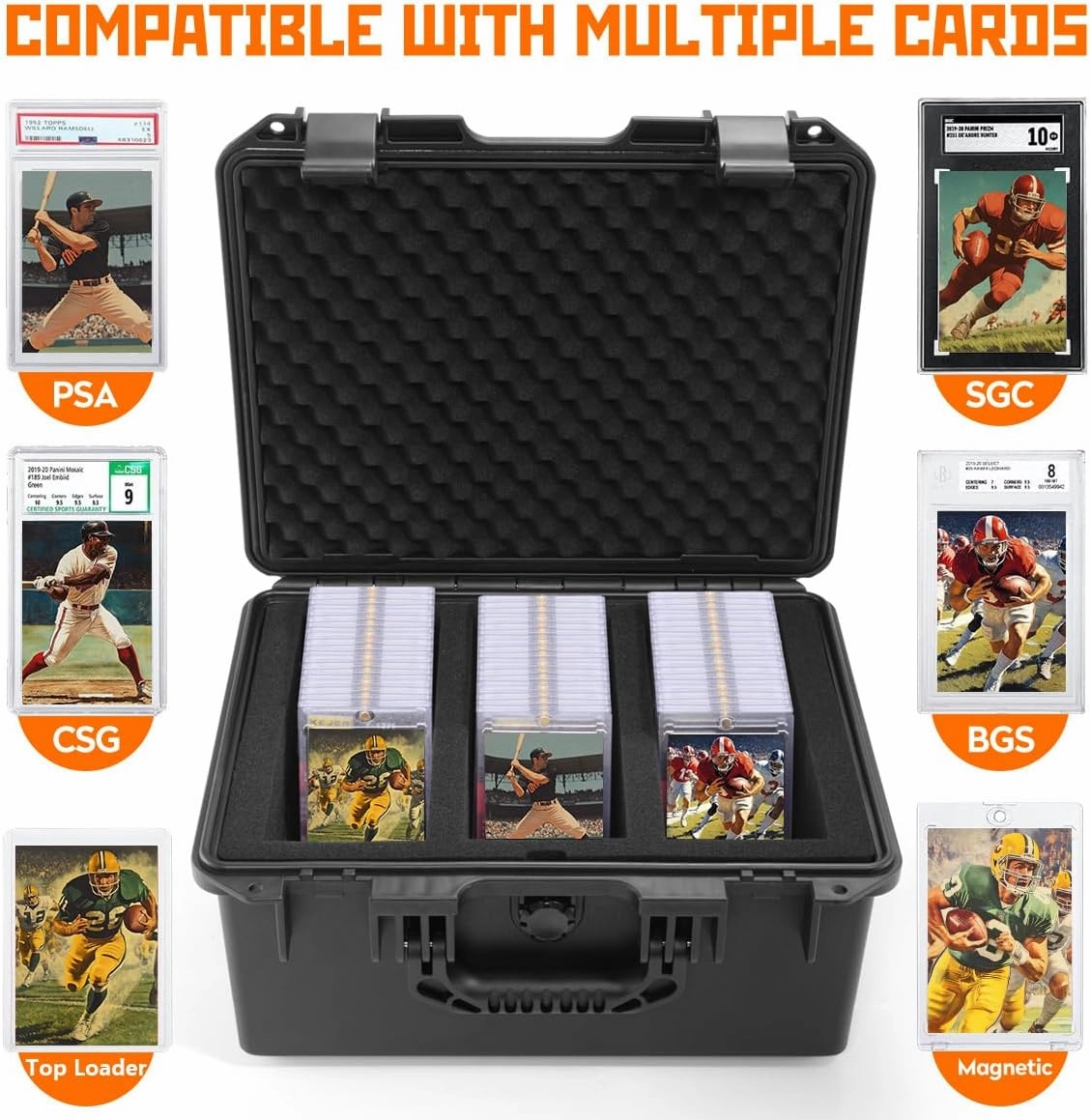 Graded Card Storage Box - Sports Trading Card Slab Case Compatible with PSA CSG BGS SGC Magnetic Card Holder & Top Loaders, Waterproof Boxes - 3 Custom Graded Cards Case Compartments