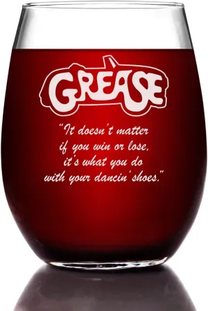 Grease Etched Stemless Wine Glass - w/Logo & Quote "It doesn't matter if you win or lose, it's what you do with your dancin' shoes" - Premium Quality Licensed, Handcrafted Glassware 15oz