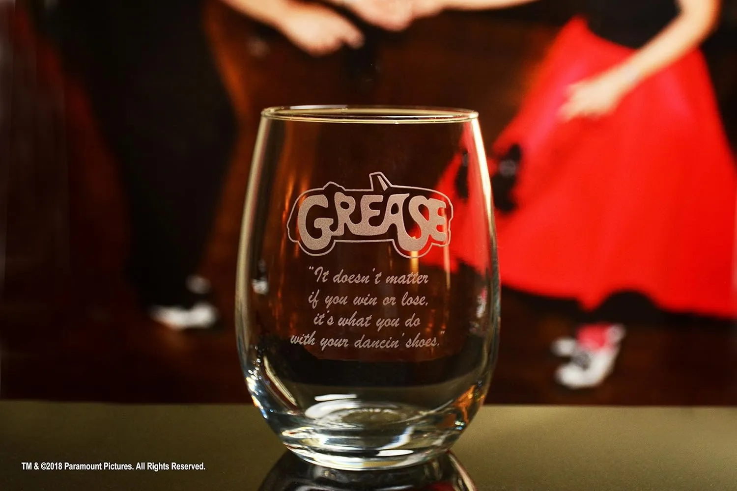 Grease Etched Stemless Wine Glass - w/Logo & Quote "It doesn't matter if you win or lose, it's what you do with your dancin' shoes" - Premium Quality Licensed, Handcrafted Glassware 15oz