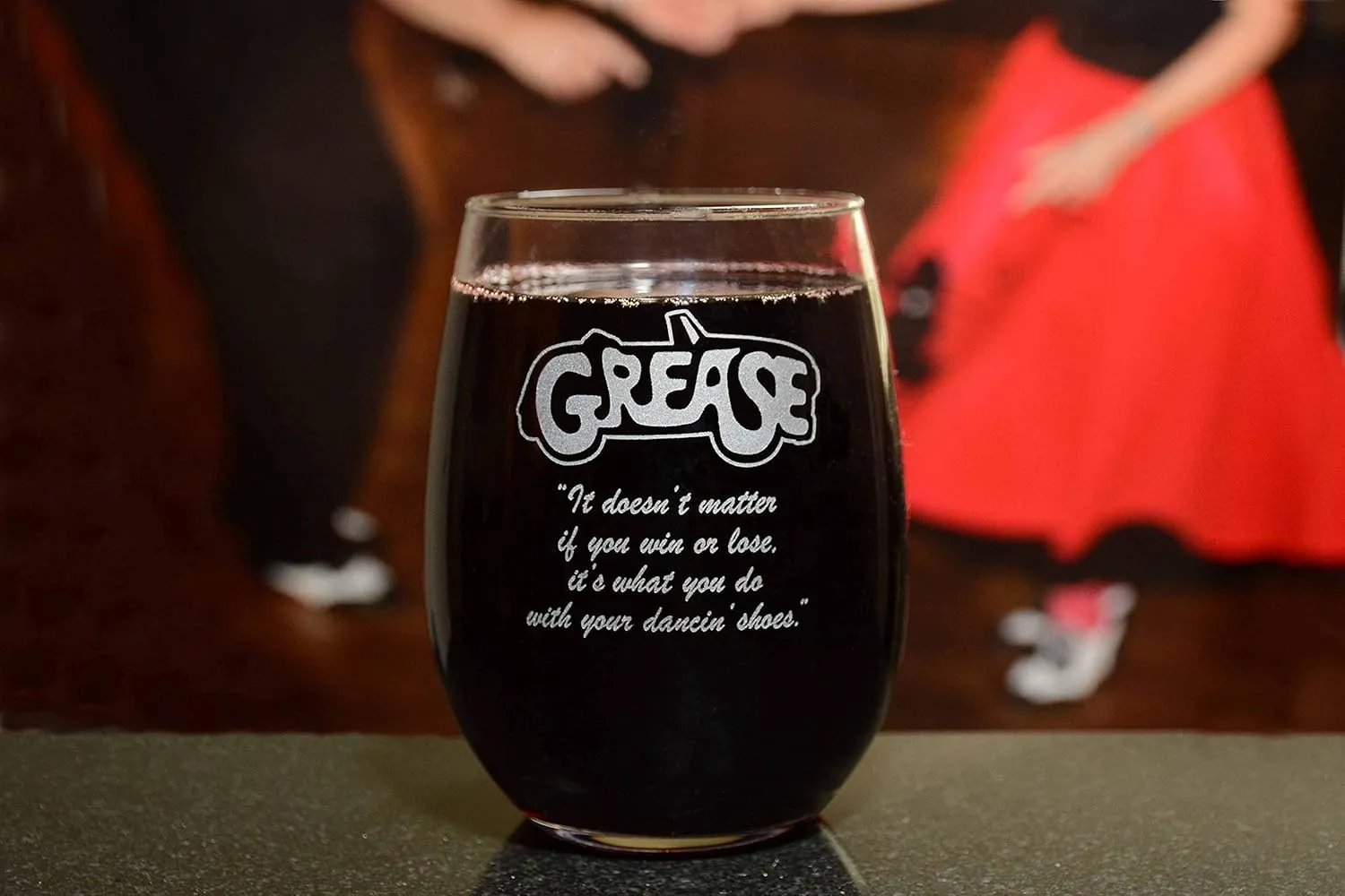 Grease Etched Stemless Wine Glass - w/Logo & Quote "It doesn't matter if you win or lose, it's what you do with your dancin' shoes" - Premium Quality Licensed, Handcrafted Glassware 15oz