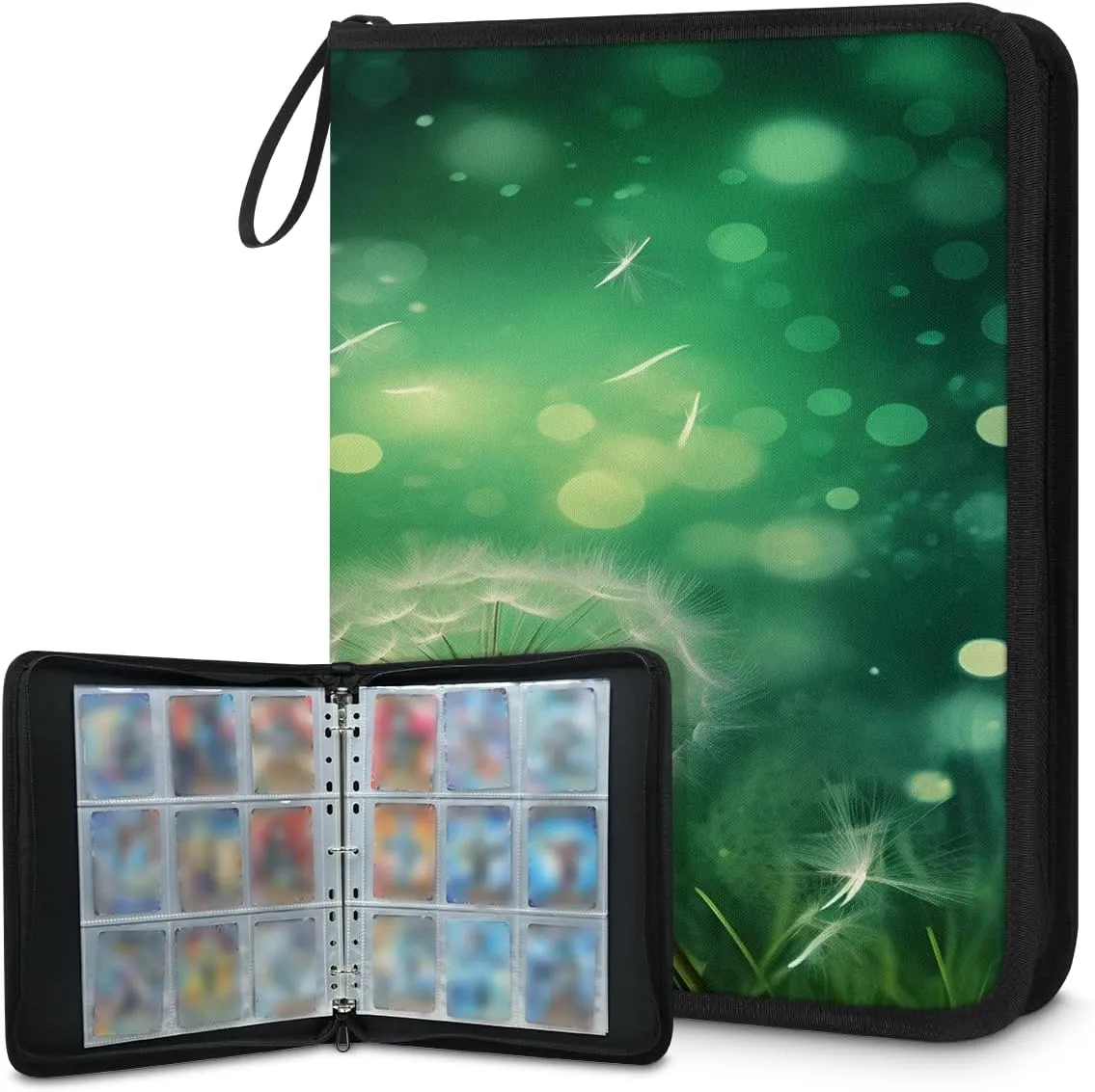 Green Dandelions 3 Ring Trading Zipper Binder Strap, Trading Card Binder 9 Pocket, 900 Pockets Card Holder with 50 Removable Sleeves for Game Cards