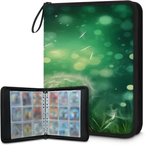 Green Dandelions 3 Ring Trading Zipper Binder Strap, Trading Card Binder 9 Pocket, 900 Pockets Card Holder with 50 Removable Sleeves for Game Cards