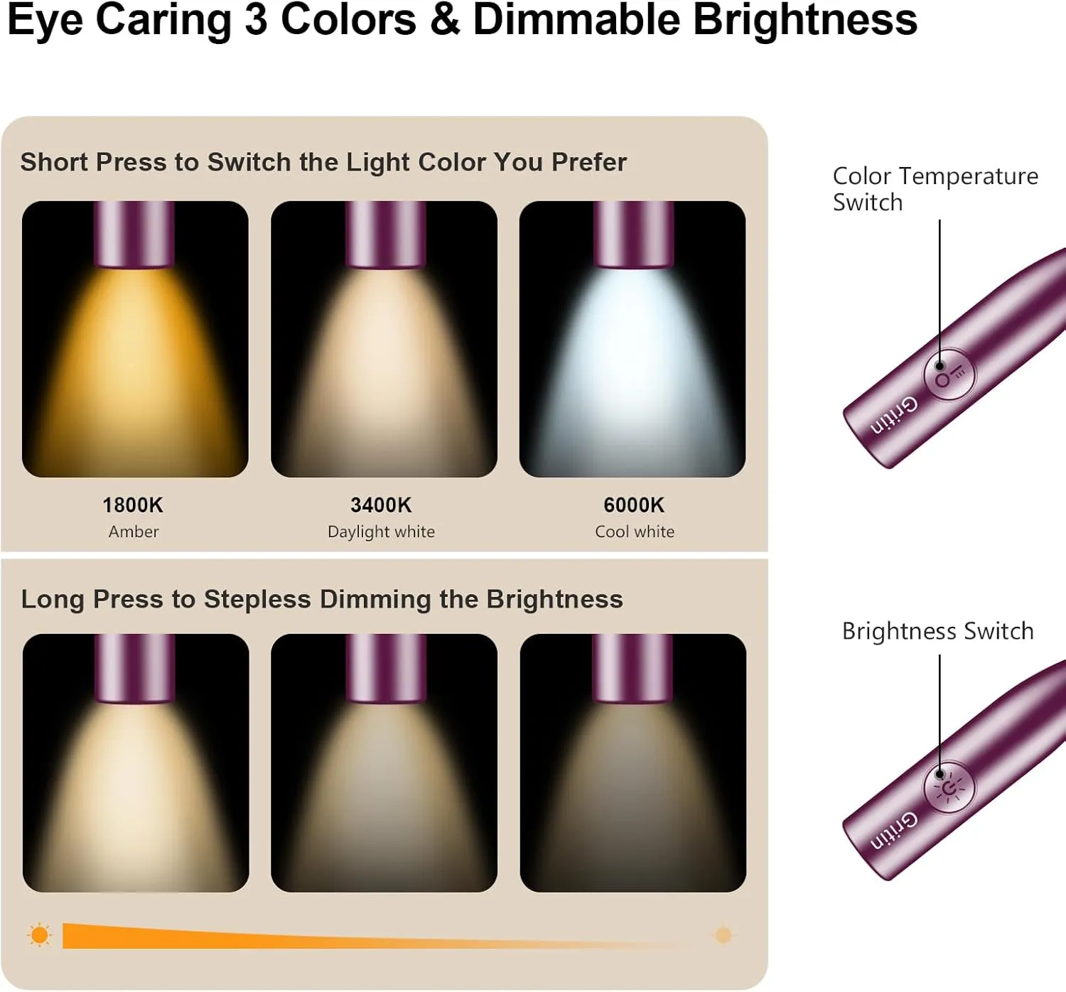 Gritin LED Neck Reading Light,Book Light for Reading in Bed-Eye Caring 3 Colors, Dimmable Brightness, Bendable Arms, 80 Hrs Runtime, Neck Round Design, Lightweight for Crafting, Knitting-Night Violet