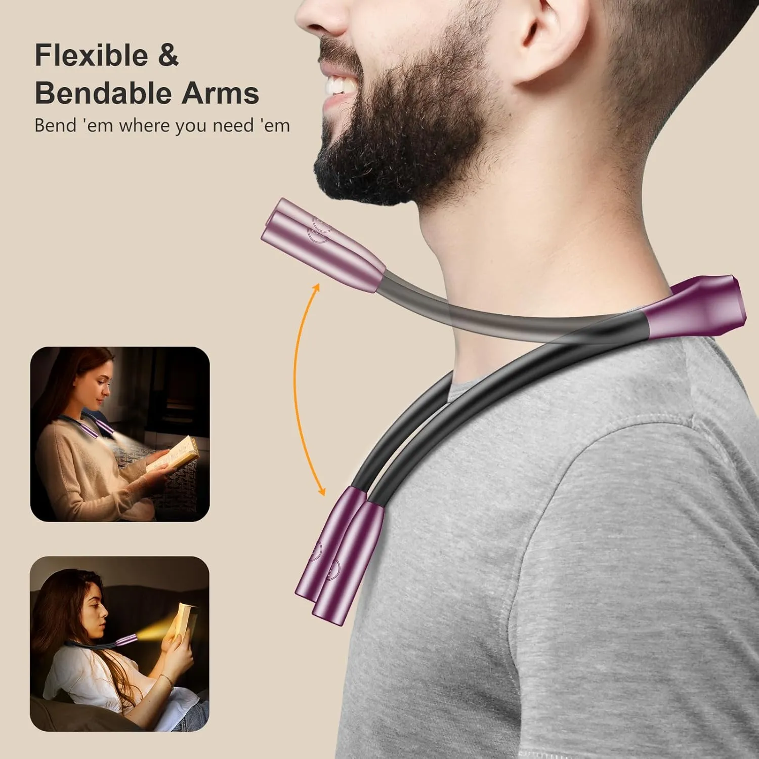Gritin LED Neck Reading Light,Book Light for Reading in Bed-Eye Caring 3 Colors, Dimmable Brightness, Bendable Arms, 80 Hrs Runtime, Neck Round Design, Lightweight for Crafting, Knitting-Night Violet