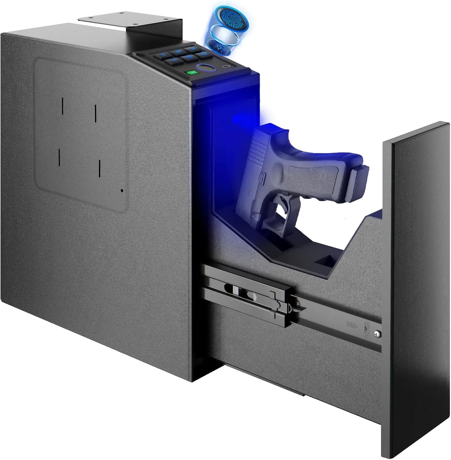 Gun Safe, Biometric Pistol Safe Fingerprint Handgun Safe, Mounted Single Gun Safe for Handgun with 3 Ways Quick Access, Bedside Handgun Safe for Nightstand, Bedroom, Desk, Wall, Dresser