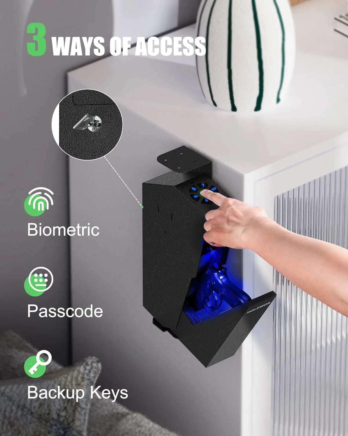 Gun Safe, Biometric Pistol Safe Fingerprint Quick Access Drop Down Handgun Safe Single Mount Car Gun Safe for Vehicle Desk Bedside Nightstand
