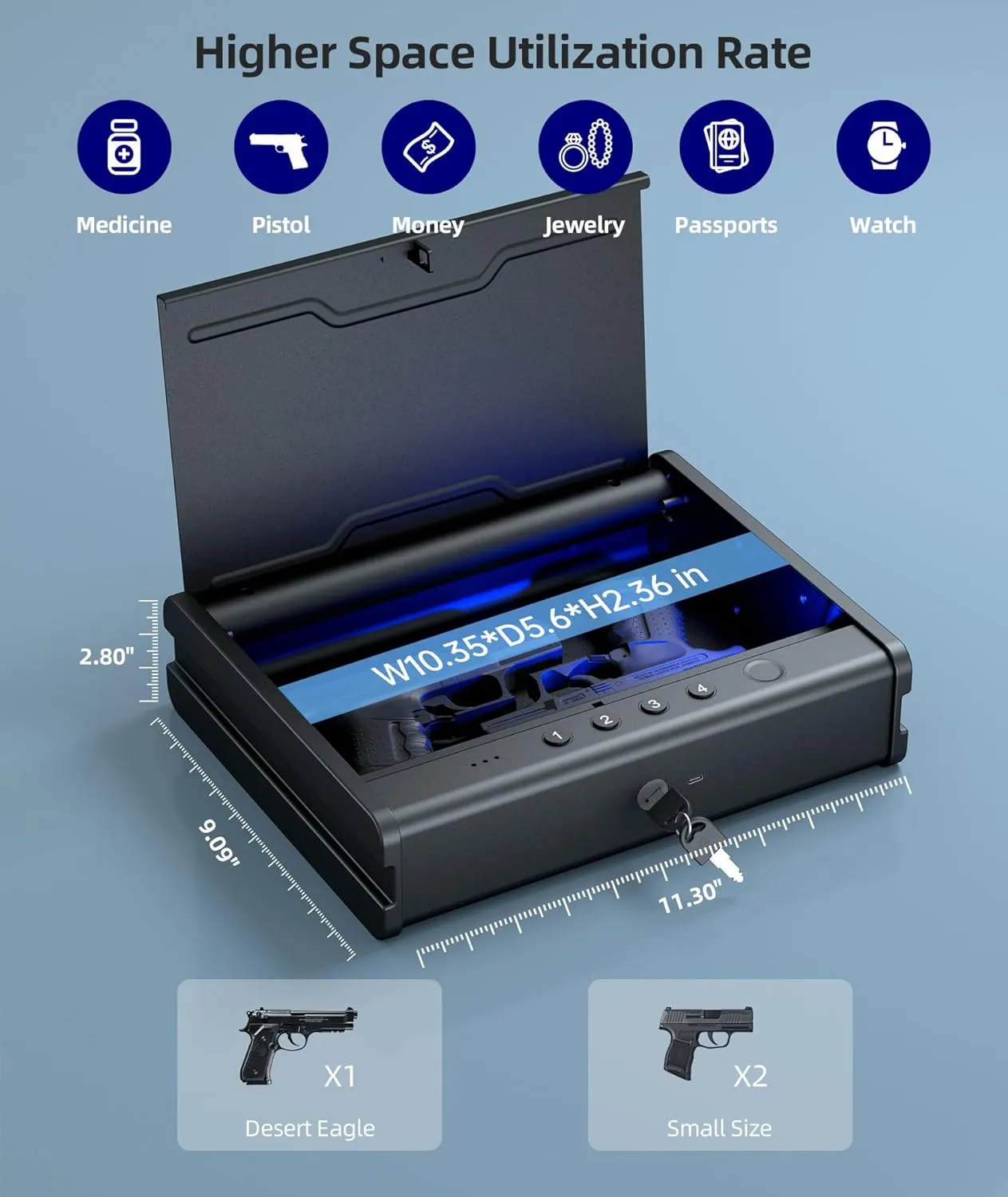 Gun Safe,Biometric Gun Safe For Handgun, Pistol Safe With Fingerprint Backlit Keypad, Quick Access Handgun Safe for Firearm, Gun Lock Box With Interior Light For Nightstand Car