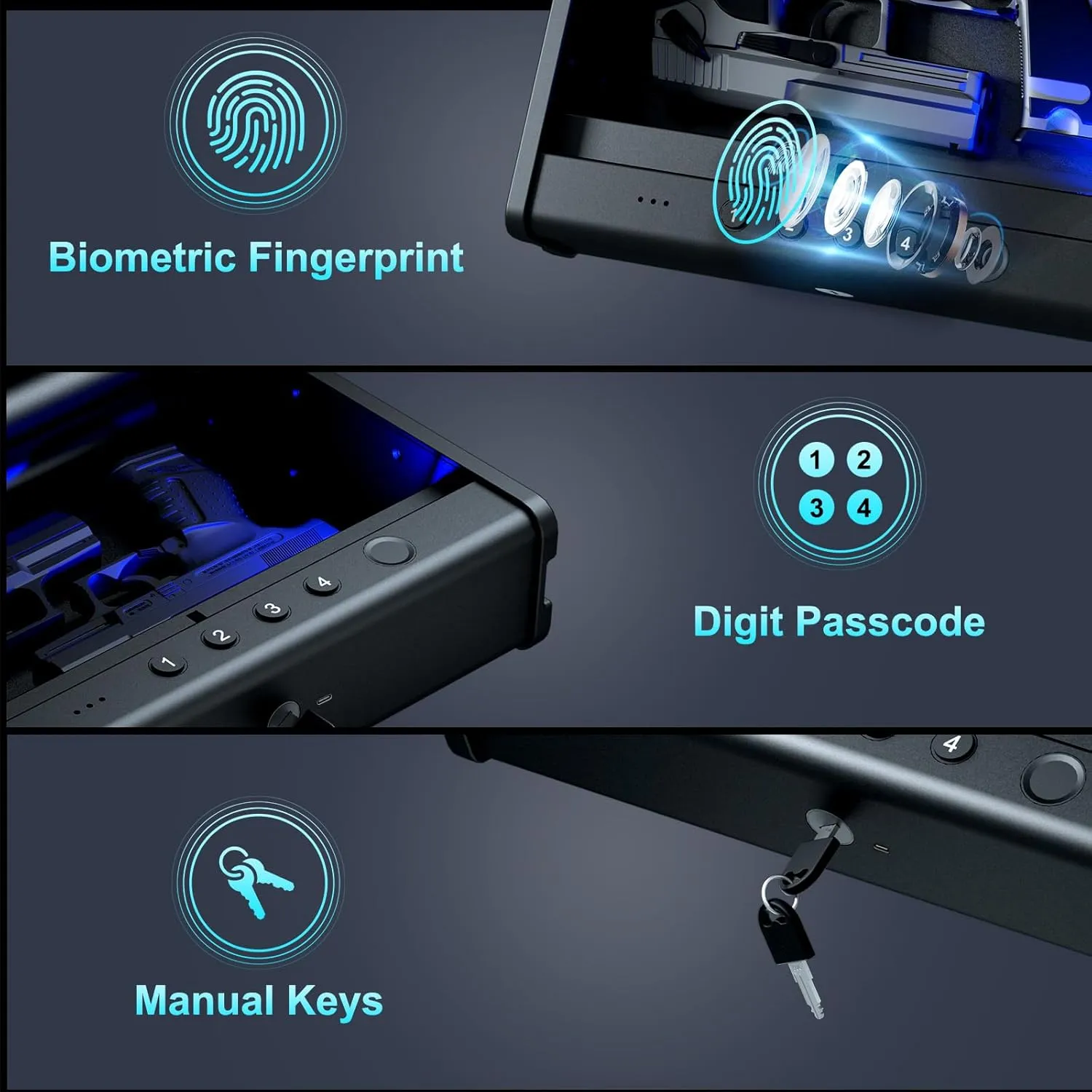 Gun Safe,Biometric Gun Safe For Handgun, Pistol Safe With Fingerprint Backlit Keypad, Quick Access Handgun Safe for Firearm, Gun Lock Box With Interior Light For Nightstand Car