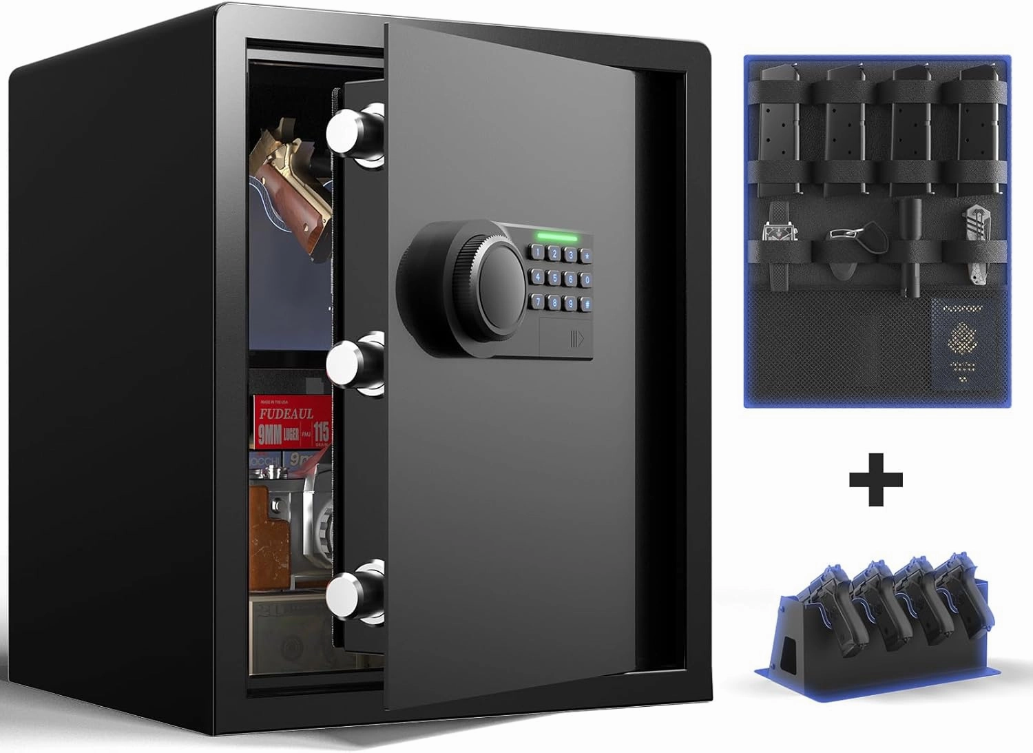 Gun Safe for Handgun - (1.72 cu. ft.) for Multiple Pistol Rack & Door Organizer Money Box with Silent Mode, Home Safe with Backlit Keypad, LED Light, Gun Vault for Anti-Rust