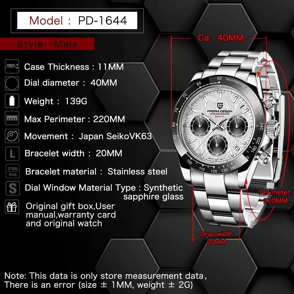 HaiQin Pagani Design Classic Men's Multifunctional Chronograph Full Stainless Steel Japanese VK63 Quartz Movement Tester 100m Waterproof Luxury Business Watch