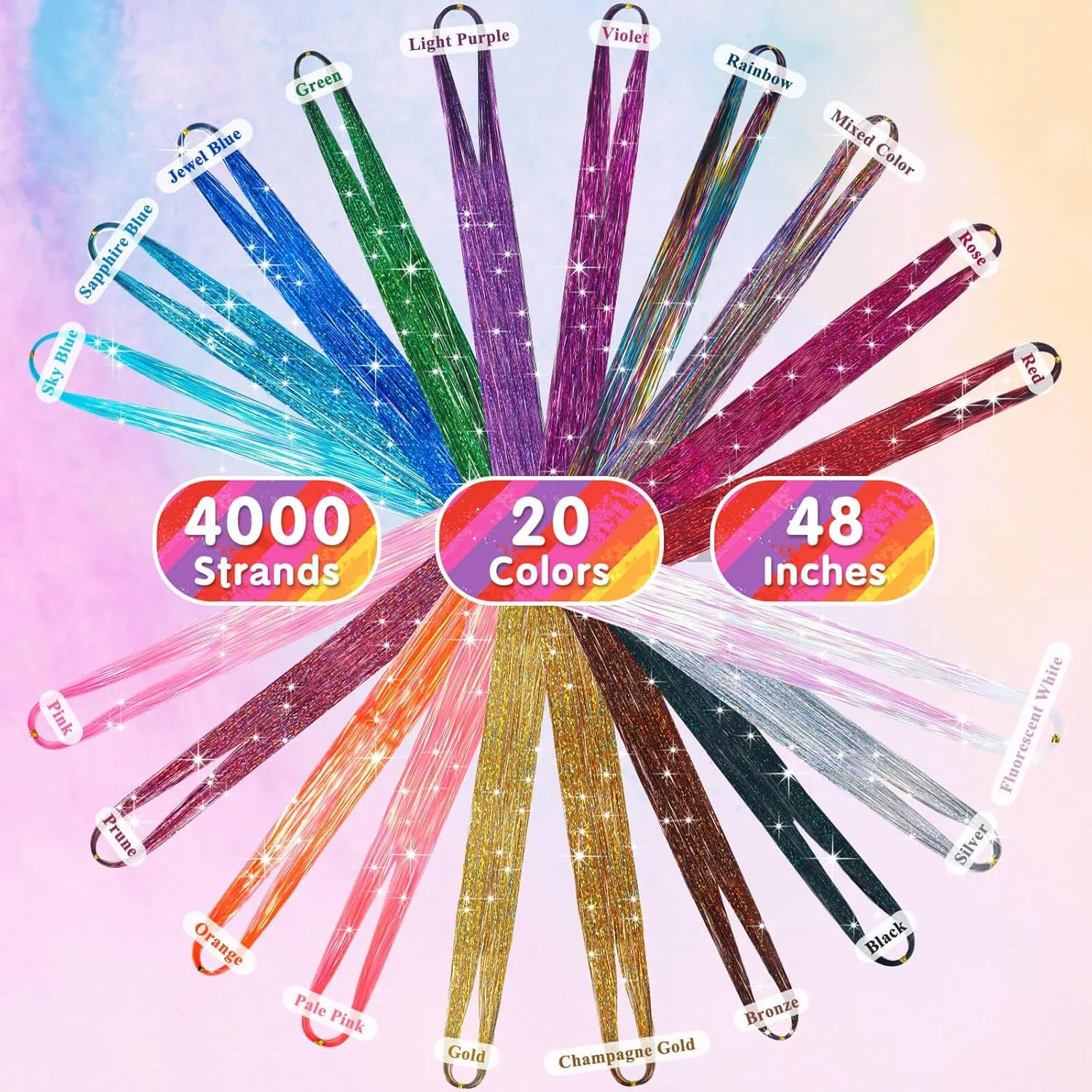 Hair Tinsel Kit with Tools, 20 Colors 4000 Strands Sparkling Glitter Tinsel Hair, Heat Resistant Shiny Fairy Hair Tinsel Extensions for Women Girls Hair Accessories for Cosplay Party