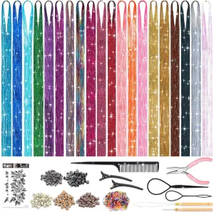 Hair Tinsel Kit with Tools, 20 Colors 4000 Strands Sparkling Glitter Tinsel Hair, Heat Resistant Shiny Fairy Hair Tinsel Extensions for Women Girls Hair Accessories for Cosplay Party