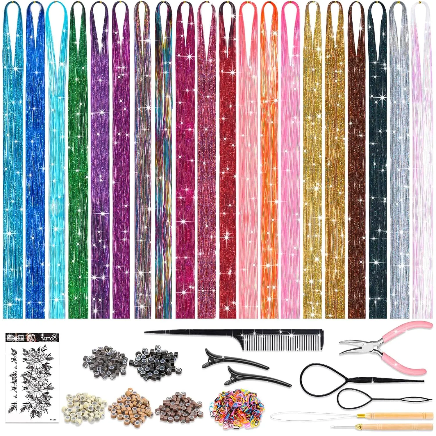 Hair Tinsel Kit with Tools, 20 Colors 4000 Strands Sparkling Glitter Tinsel Hair, Heat Resistant Shiny Fairy Hair Tinsel Extensions for Women Girls Hair Accessories for Cosplay Party