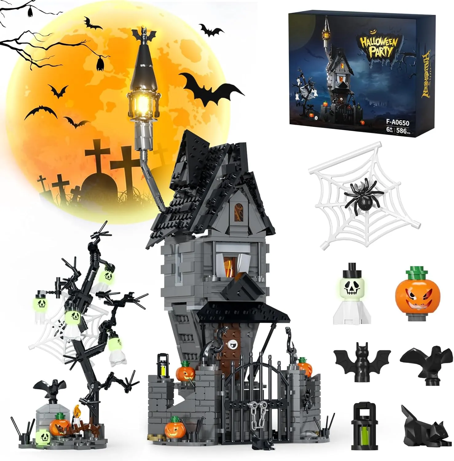 Halloween Haunted Mansion Building Set,Before Xmas Haunted House Building Blocks Set with Light, Glow-in-The-Dark Pumpkins and Skeleton Ghosts, Halloween Toys Gifts for Adults & Kids