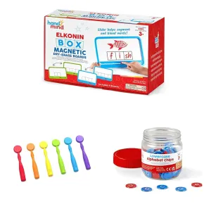 hand2mind Elkonin Boxes Magnetic Dry Erase Boards Set (Set of 8) & Magnetic Wands for Kids, Magnet Wands (Set of 6) & Lowercase Alphabet Chips, Toddler Learning Letters for Spelling