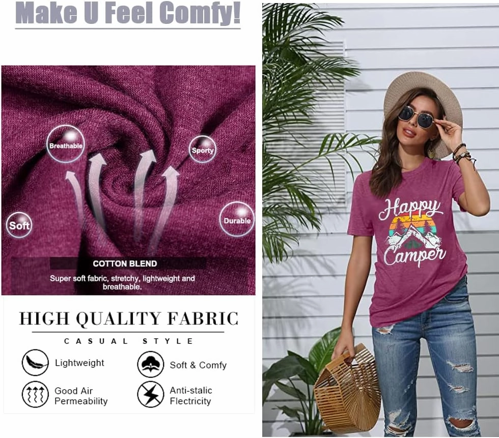 Happy Camp T-Shirt Women Hiking Mountain Adventure Novelty Workout Funny Saying Cute Graphic Athletic Shirt