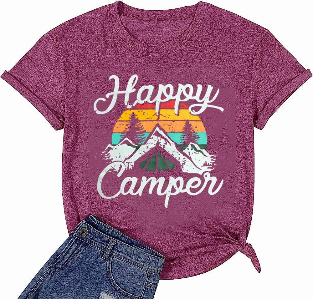 Happy Camp T-Shirt Women Hiking Mountain Adventure Novelty Workout Funny Saying Cute Graphic Athletic Shirt