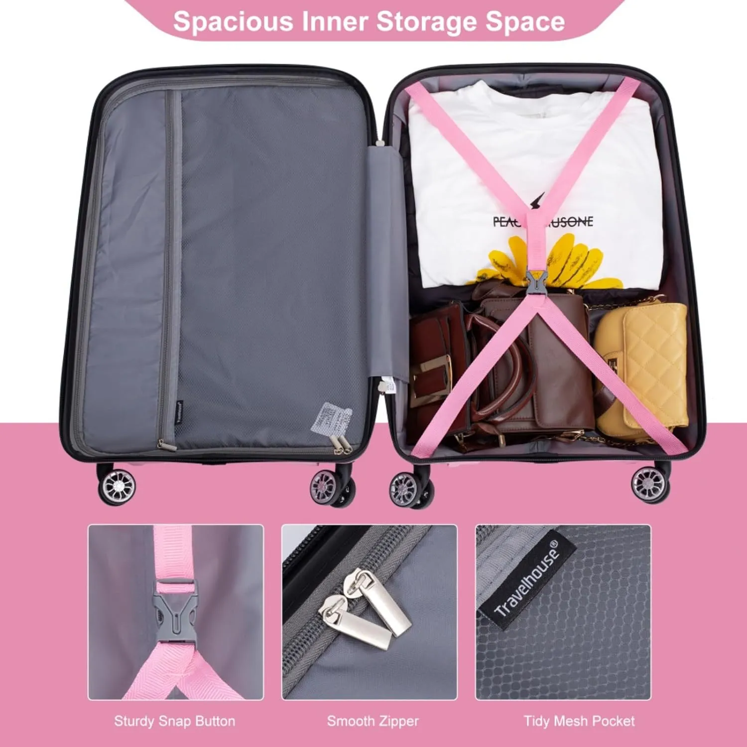 Hardshell Suitcase Double Spinner Wheels PP Luggage Sets Lightweight Durable Suitcase with Lock,3-Piece Set (20/24/28) (Pink   Polypropylene)