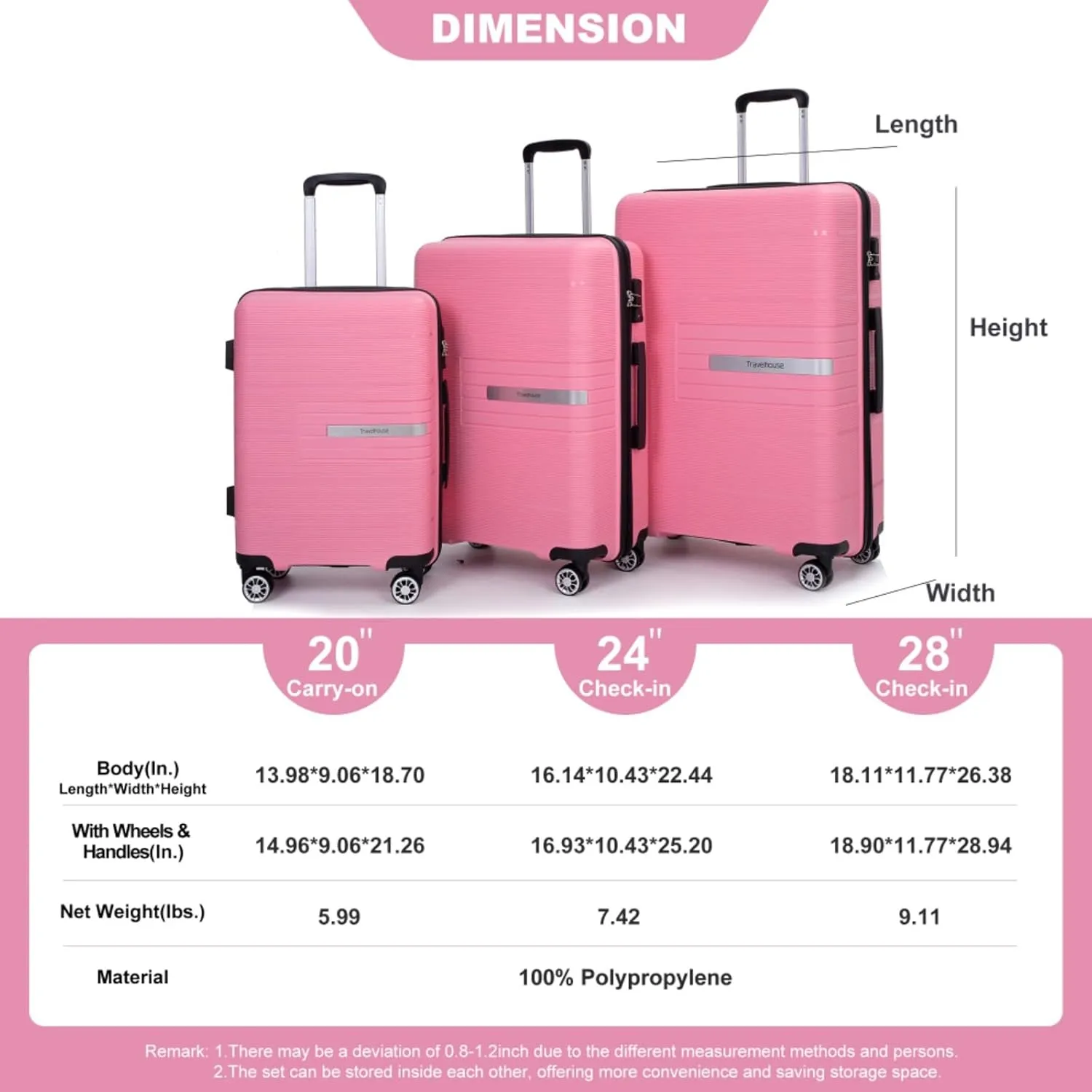 Hardshell Suitcase Double Spinner Wheels PP Luggage Sets Lightweight Durable Suitcase with Lock,3-Piece Set (20/24/28) (Pink   Polypropylene)