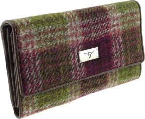 Harris Tweed Ladies Fold-Over Purse - Scottish Wool Wallet with Magnetic Closure - Elegant Women’s Travel & Card Wallet - Heather Check Tartan