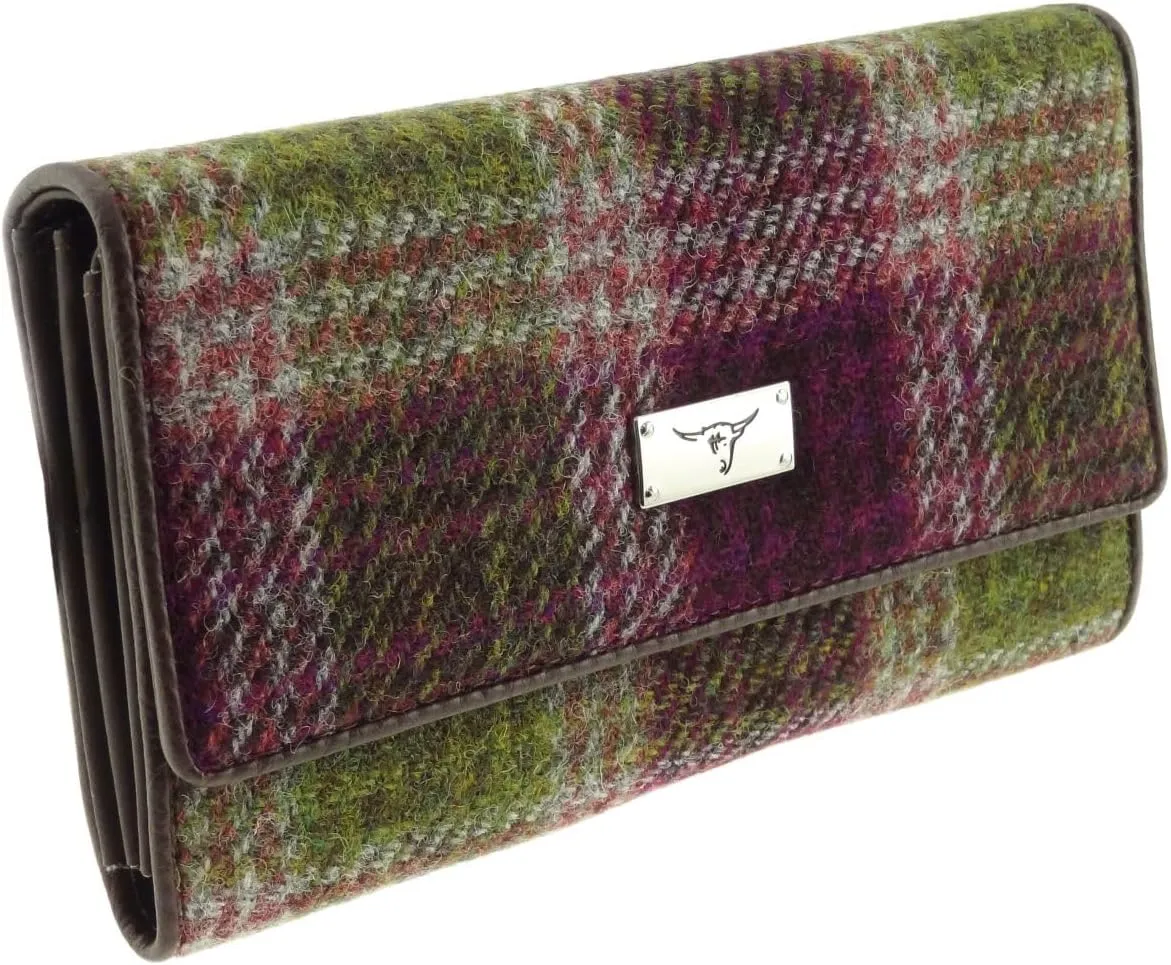 Harris Tweed Ladies Fold-Over Purse - Scottish Wool Wallet with Magnetic Closure - Elegant Women’s Travel & Card Wallet - Heather Check Tartan