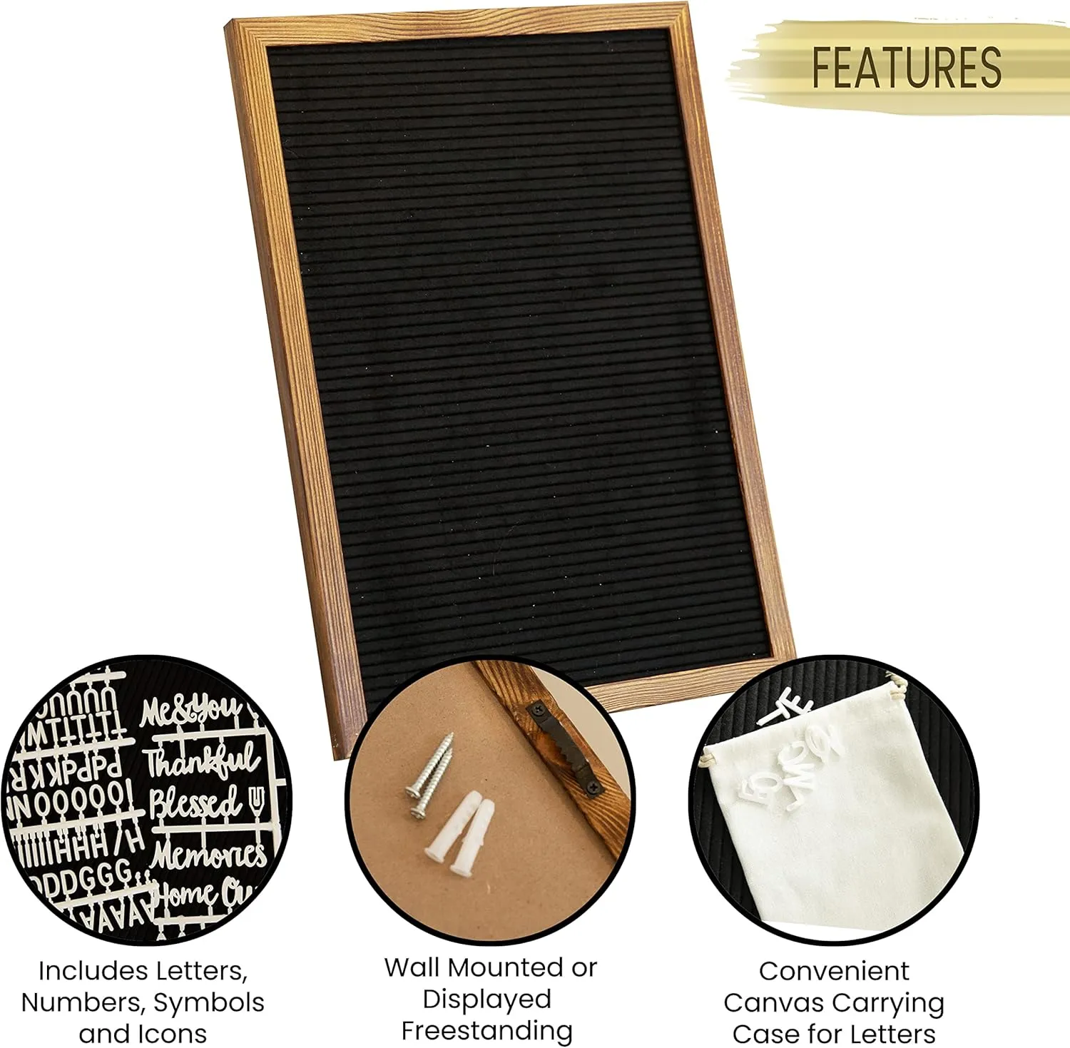 HBCY Creations 12"x17" Felt Letter Board - Solid Wood Frame - Torched Brown - Black Felt - 389 PP Letters Including Numbers, Symbols, Icons - Canvas Carrying Case
