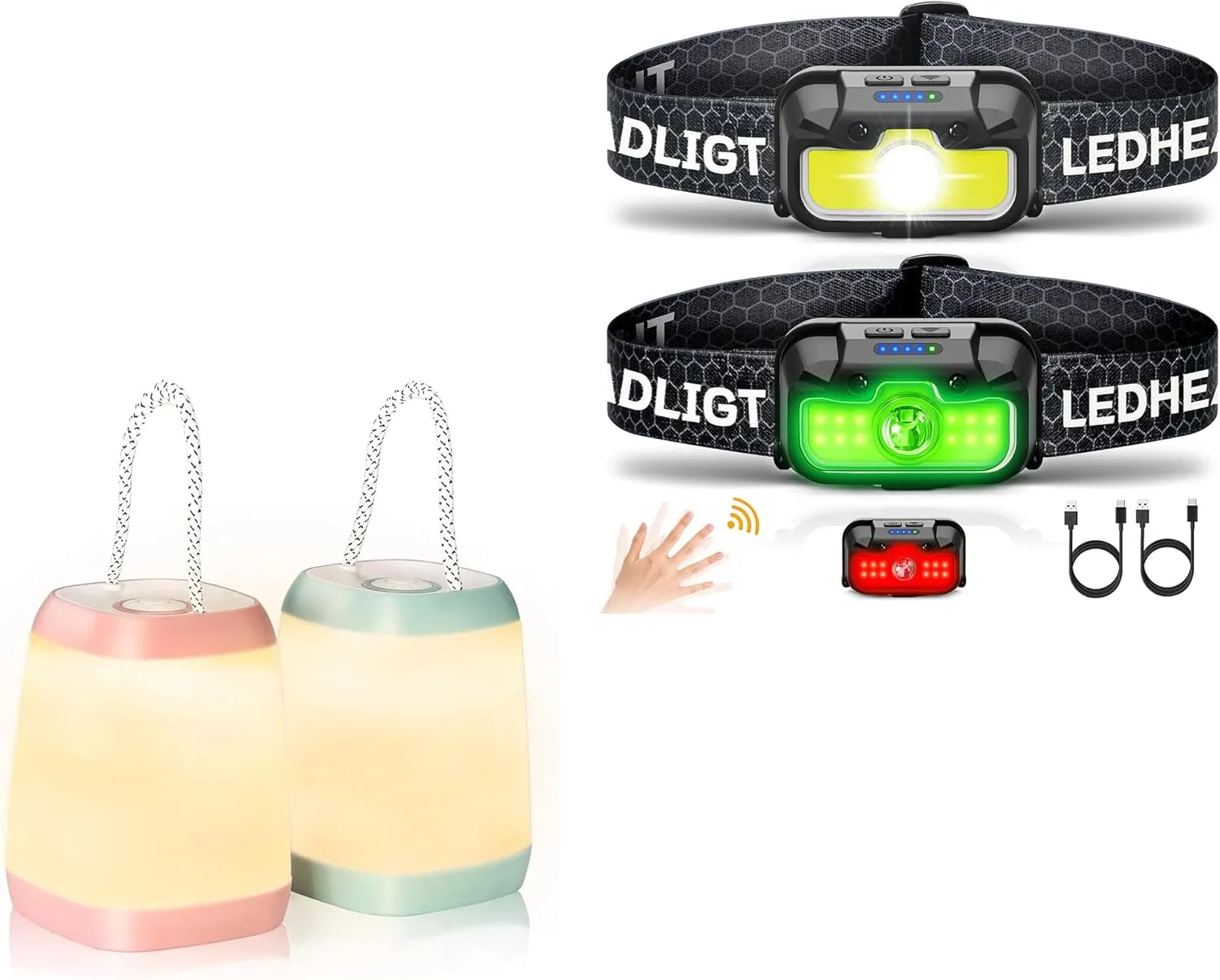 Headlamp & Camping Lantern, 1300 Lumen LED, Multicolor, Rechargeable, Water Resistant