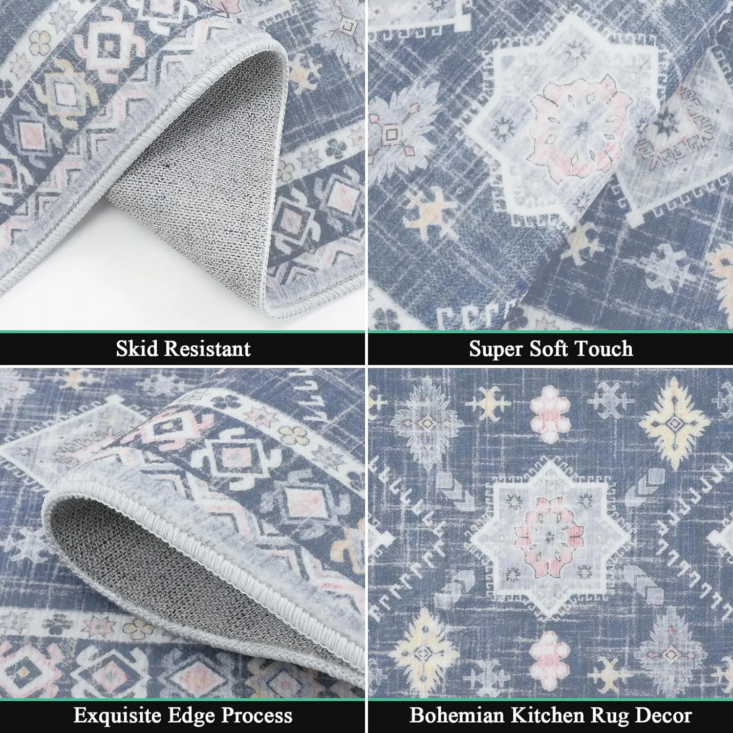 HEBE Boho Kitchen Rug Sets 3 Piece with Runner Non Slip Kitchen Rugs and Mats Washable Kitchen Mats for Floor Thick Kitchen Floor Mat Carpet Runner Rugs for Hallway Laundry Holiday Decor