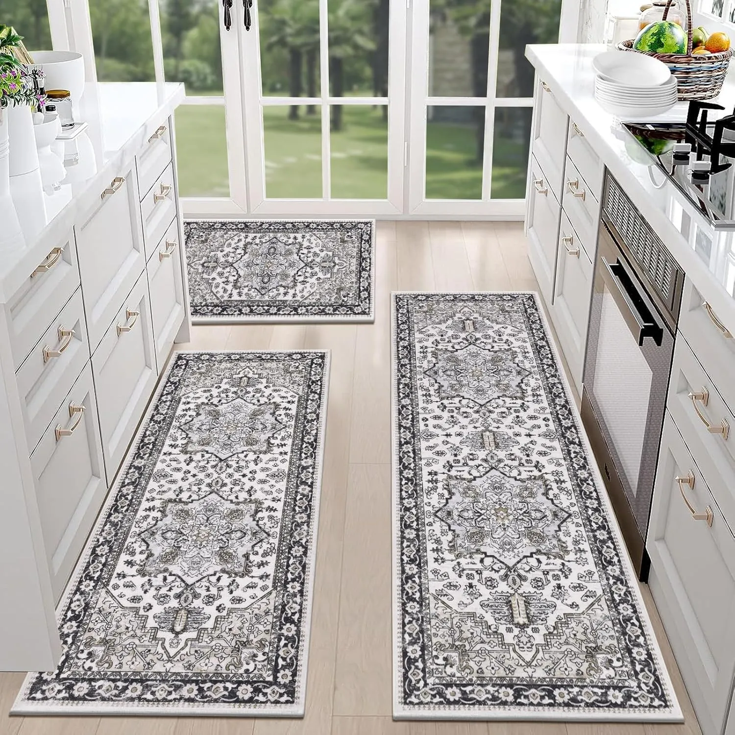 HEBE Boho Kitchen Rug Sets 3 Piece with Runner Non Slip Kitchen Rugs and Mats Washable Kitchen Mats for Floor Thick Kitchen Floor Mat Carpet Runner Rugs for Hallway Laundry Holiday Decor