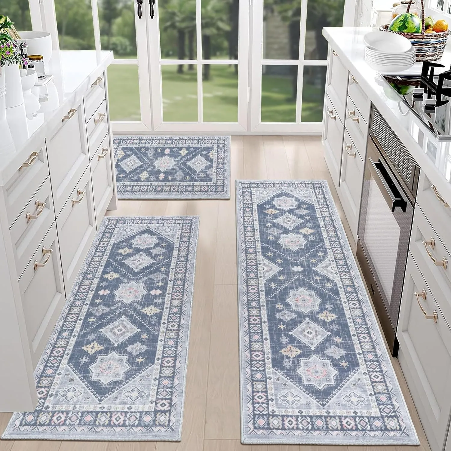 HEBE Boho Kitchen Rug Sets 3 Piece with Runner Non Slip Kitchen Rugs and Mats Washable Kitchen Mats for Floor Thick Kitchen Floor Mat Carpet Runner Rugs for Hallway Laundry Holiday Decor