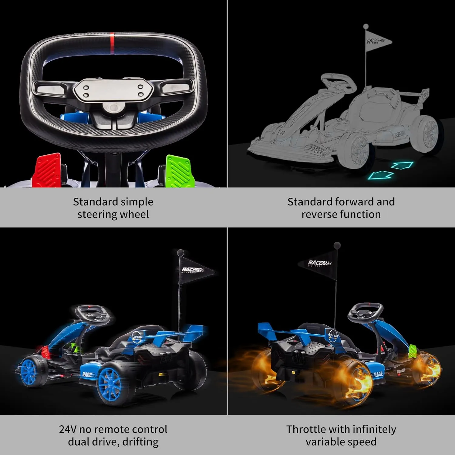 Hetoy 24V Electric Drift Kart for Kids Ages 6-12, Adjustable Seat &Variable Speed(8.5MPH), EVA Silent Wheels & Parent-Approved Safety, Outdoor Ride-On Toy with Dual Pedals