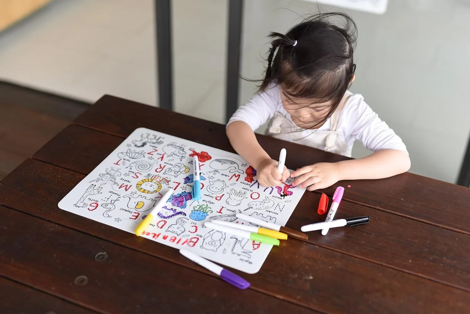 Hey Doodle Into The Wild Classic Doodle Mat – Reusable Silicone Alphabet Coloring Mat for Toddlers and Kids – Educational Animal Activity Pad with 9 Markers – Mess-Free Travel Toy – Ages 3-7