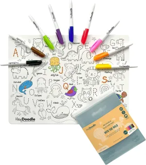 Hey Doodle Into The Wild Classic Doodle Mat – Reusable Silicone Alphabet Coloring Mat for Toddlers and Kids – Educational Animal Activity Pad with 9 Markers – Mess-Free Travel Toy – Ages 3-7