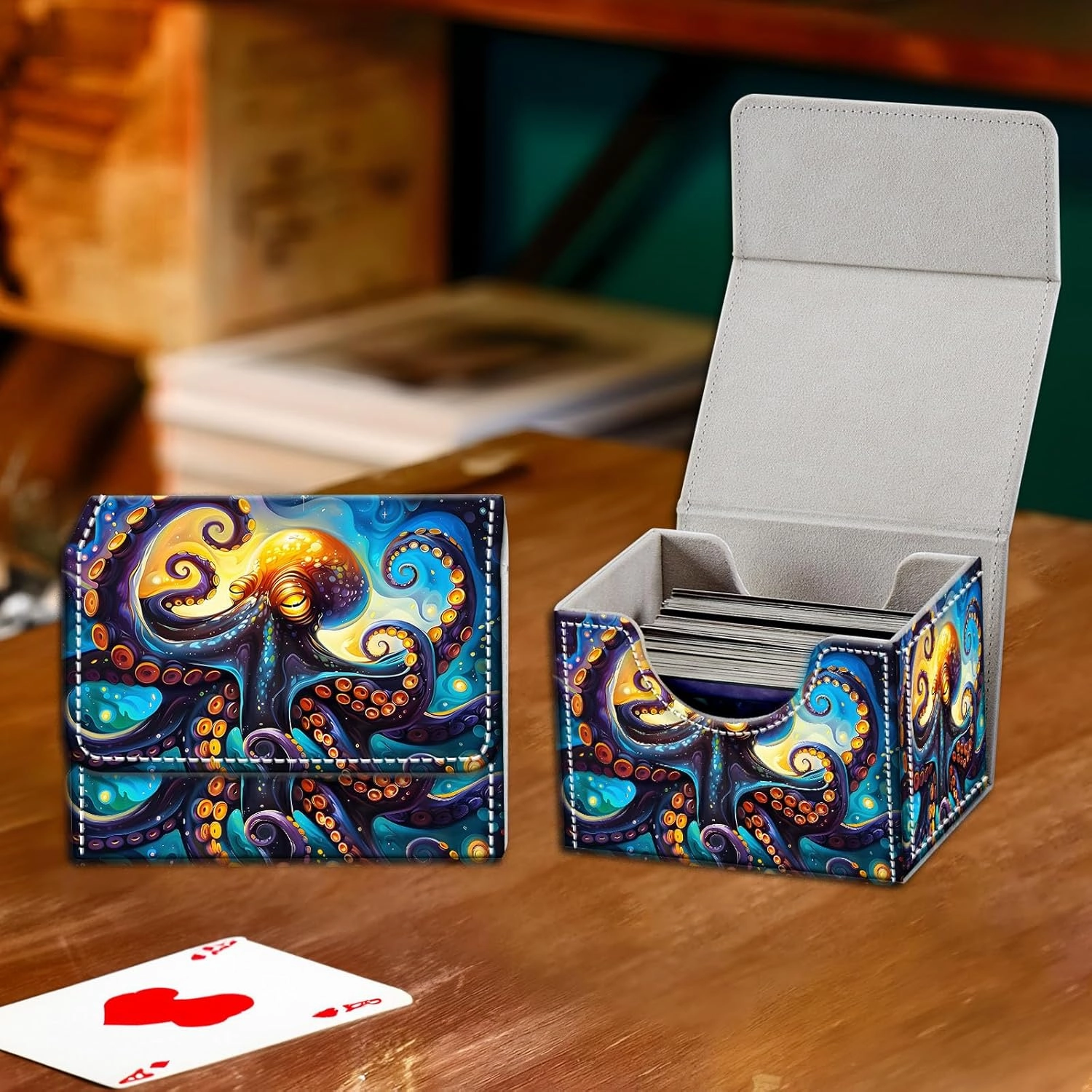 High-Capacity Art Deco Card Deck Box - Ideal Trading Card Game Storage Solution with Compact Size, and Easy Access - PU Leather Fits for TCG CCG Magic Cards(Cosmic Octopus)