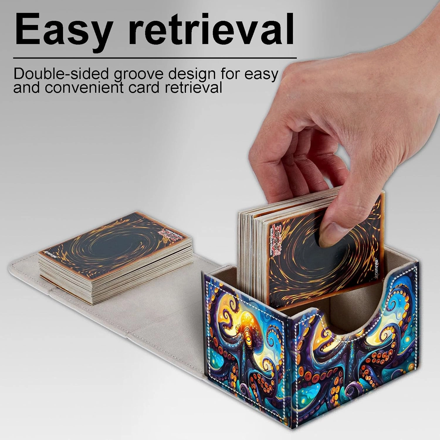 High-Capacity Art Deco Card Deck Box - Ideal Trading Card Game Storage Solution with Compact Size, and Easy Access - PU Leather Fits for TCG CCG Magic Cards(Cosmic Octopus)