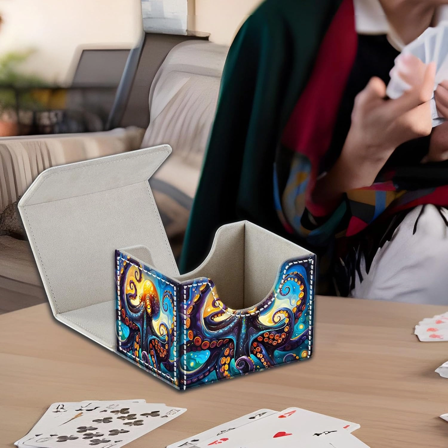 High-Capacity Art Deco Card Deck Box - Ideal Trading Card Game Storage Solution with Compact Size, and Easy Access - PU Leather Fits for TCG CCG Magic Cards(Cosmic Octopus)