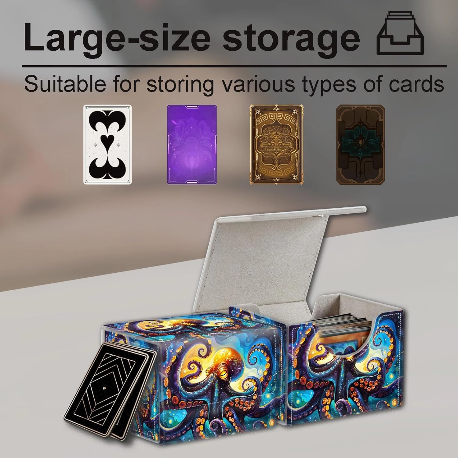 High-Capacity Art Deco Card Deck Box - Ideal Trading Card Game Storage Solution with Compact Size, and Easy Access - PU Leather Fits for TCG CCG Magic Cards(Cosmic Octopus)