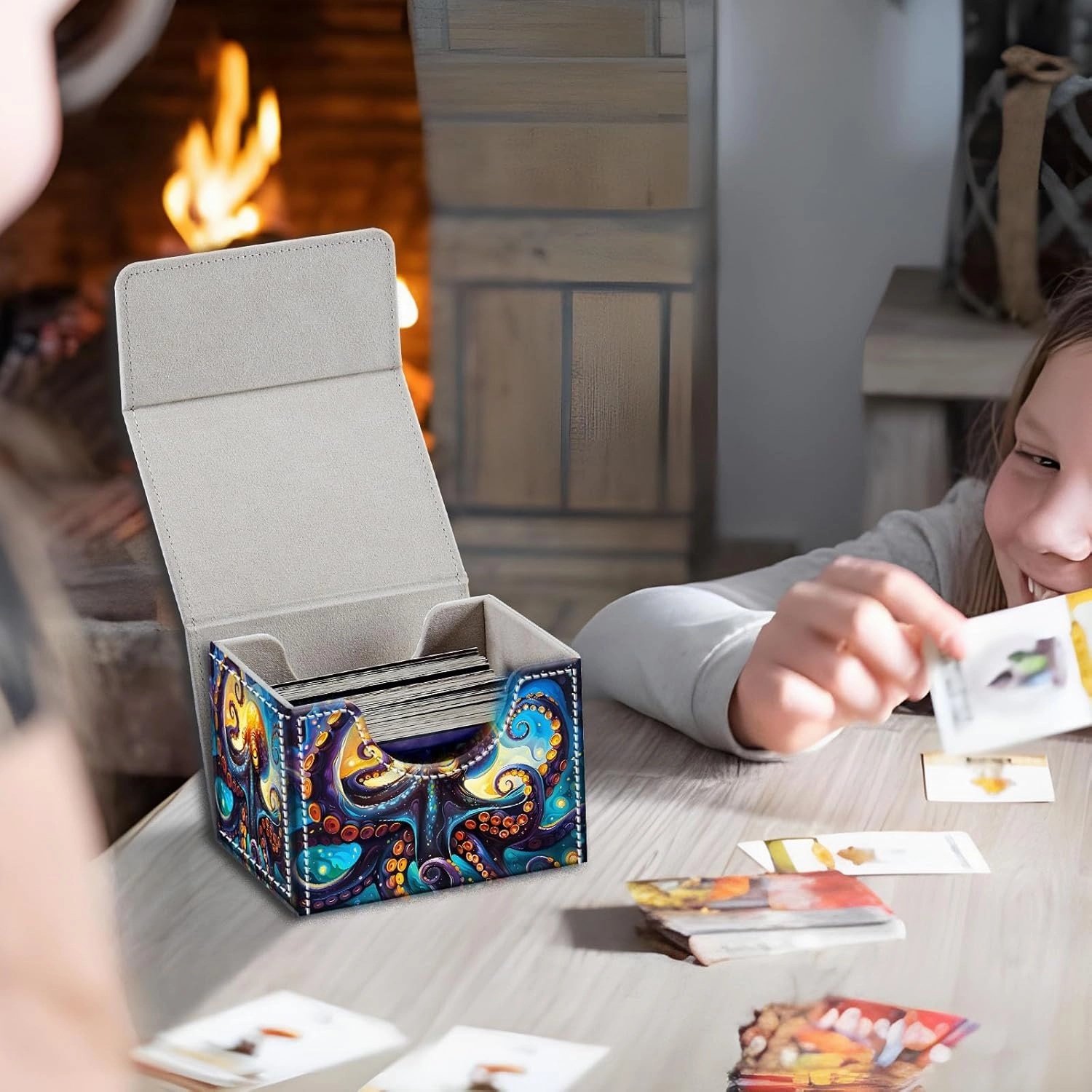 High-Capacity Art Deco Card Deck Box - Ideal Trading Card Game Storage Solution with Compact Size, and Easy Access - PU Leather Fits for TCG CCG Magic Cards(Cosmic Octopus)