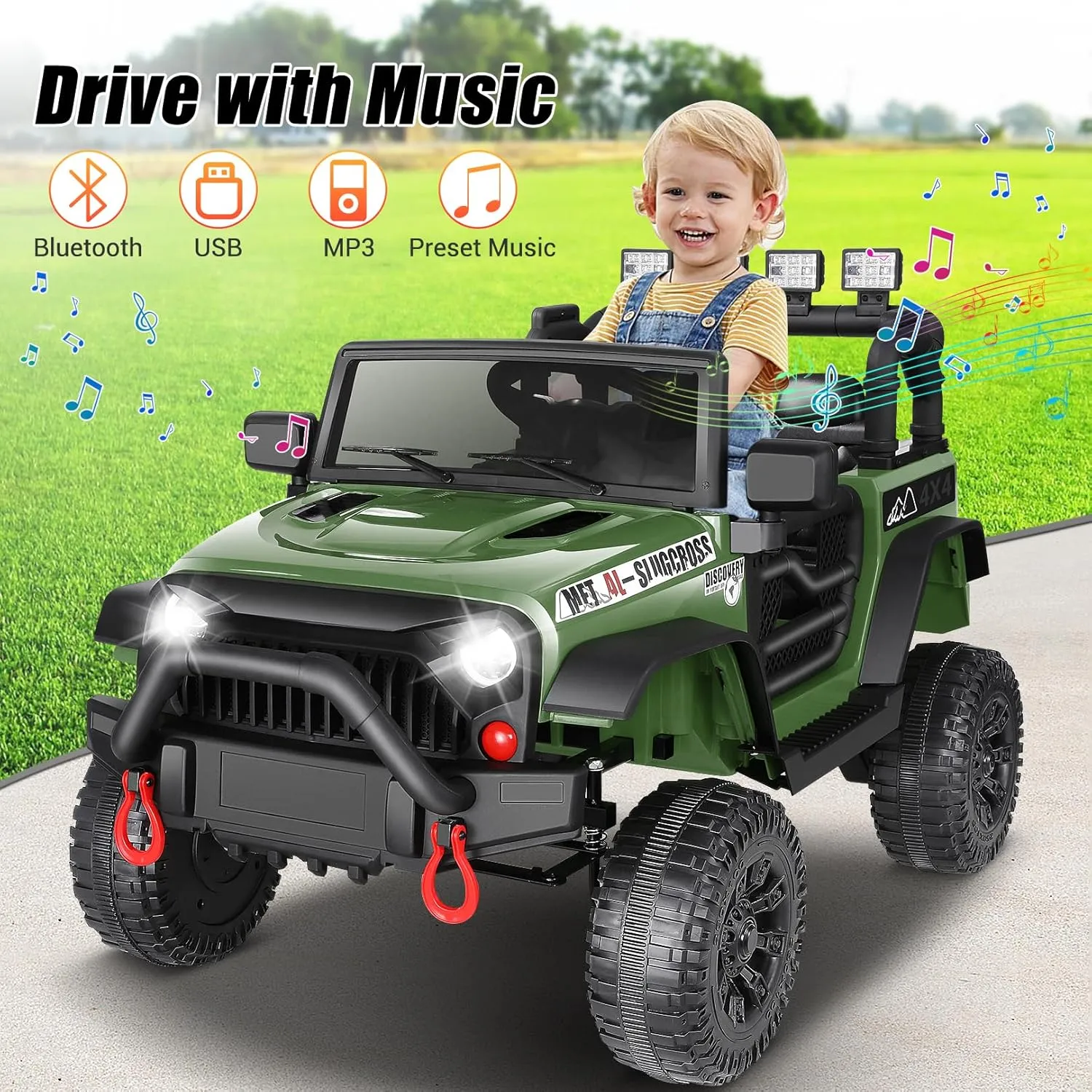 Hikole Kids Ride on Truck, 12V Electric Vehicles Battery Operated Cars for Boys&Girls w/Driving Sounds, Shock Absorption, Off-Road, Safety Belt, Multi-Terrain Traction, Army Green