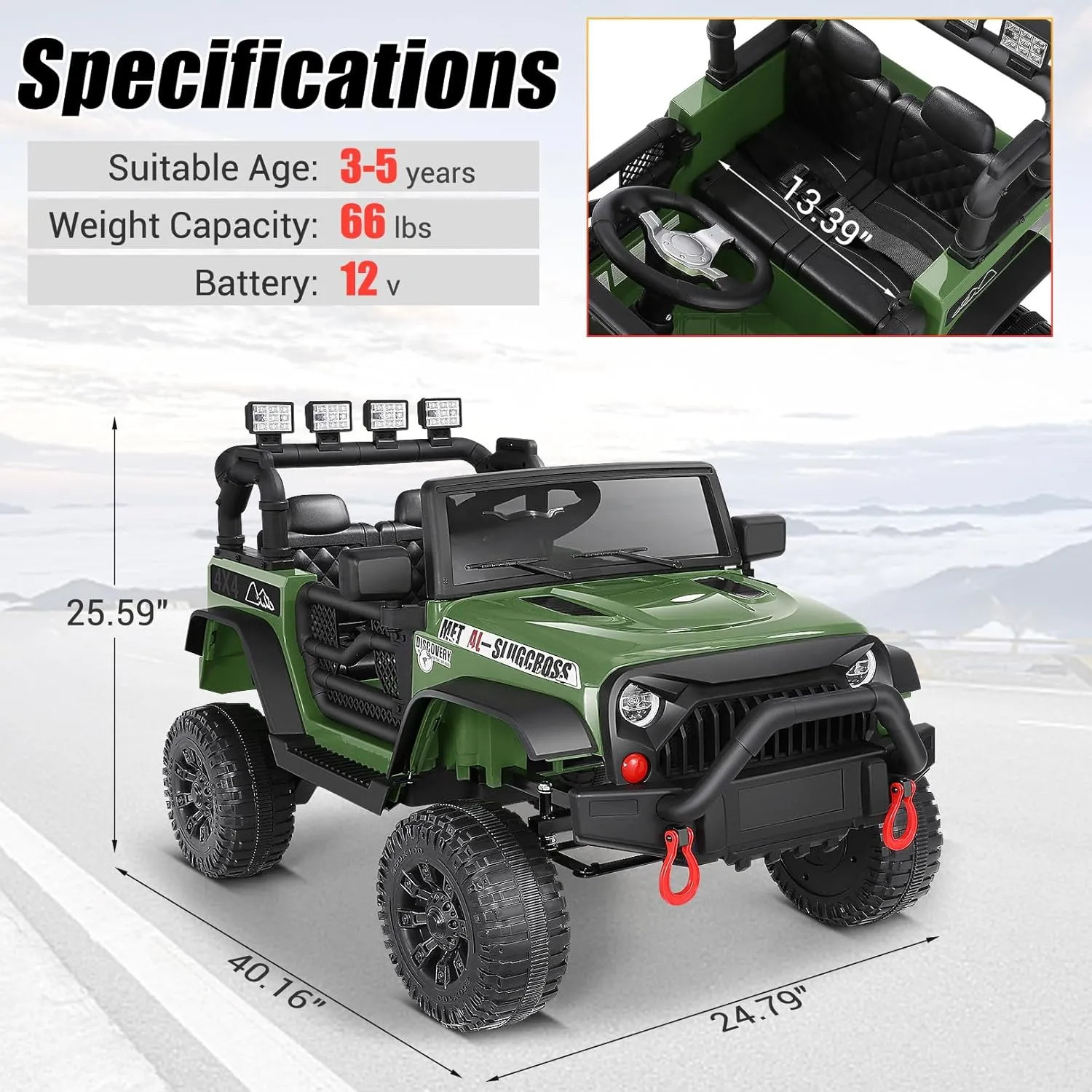 Hikole Kids Ride on Truck, 12V Electric Vehicles Battery Operated Cars for Boys&Girls w/Driving Sounds, Shock Absorption, Off-Road, Safety Belt, Multi-Terrain Traction, Army Green